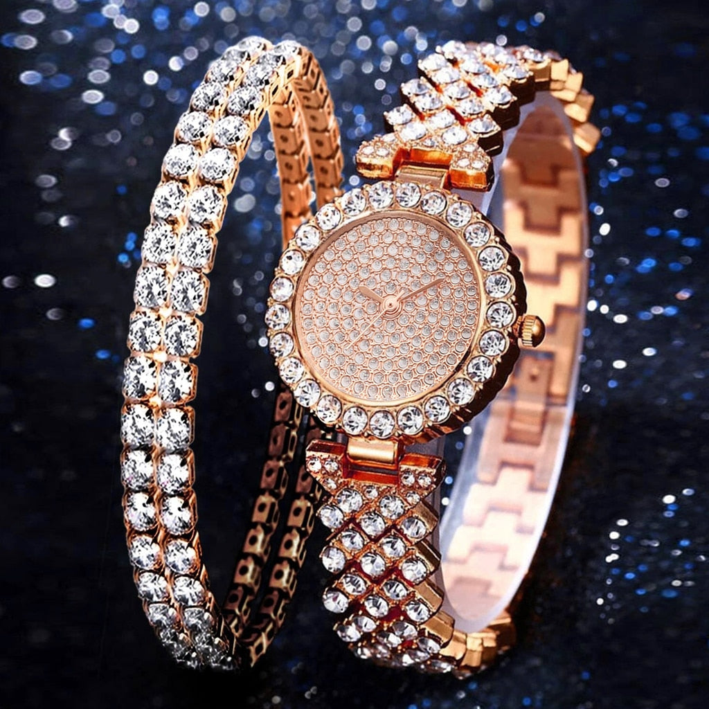 Luxury Women Rose Gold Quartz Diamond Watch