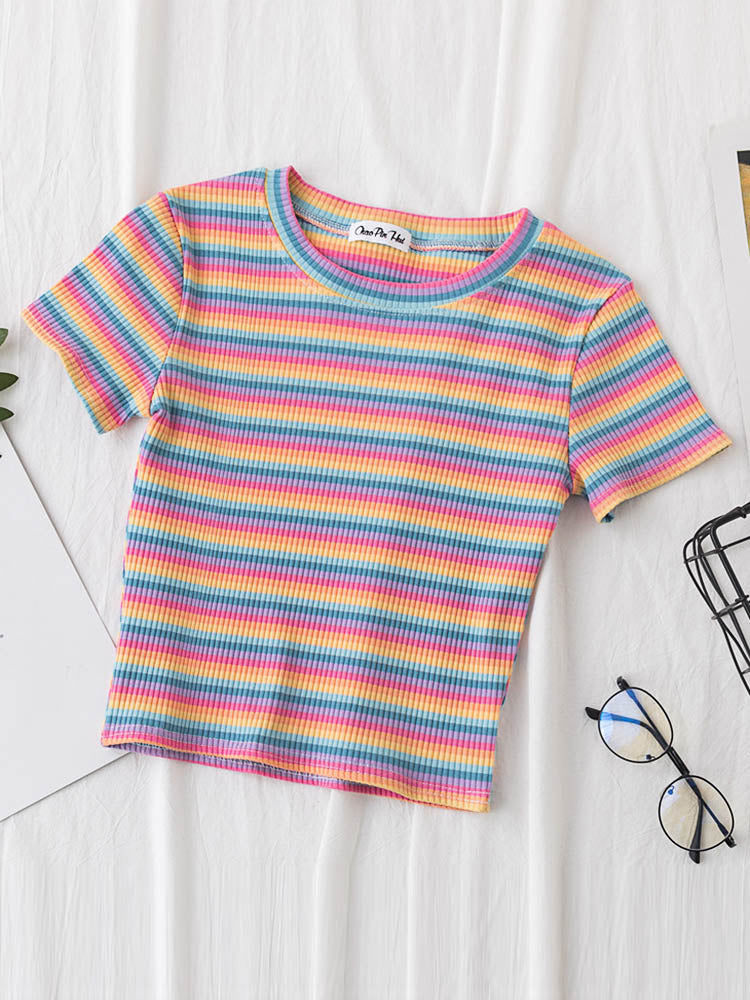 New T Shirt Women Rainbow Striped Tops Slim Fit t shirt