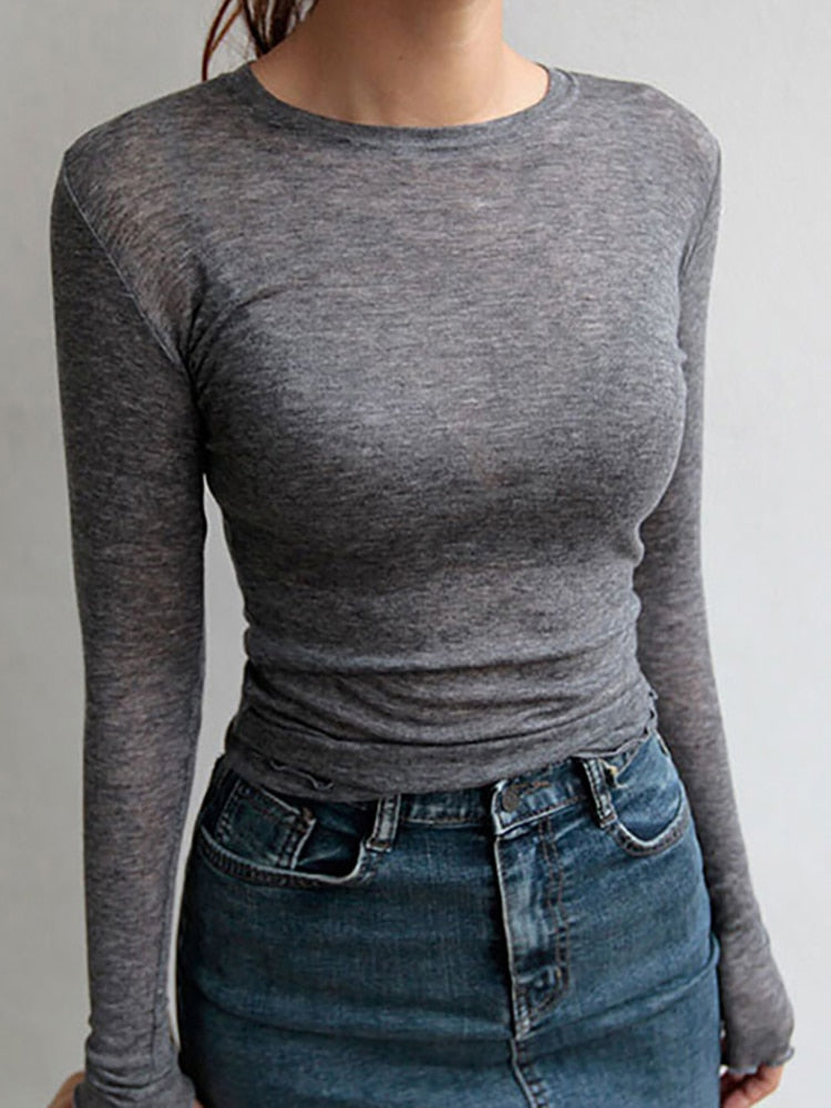 Slim High Quality Long Sleeve Sexy Thin T-shirt see through
