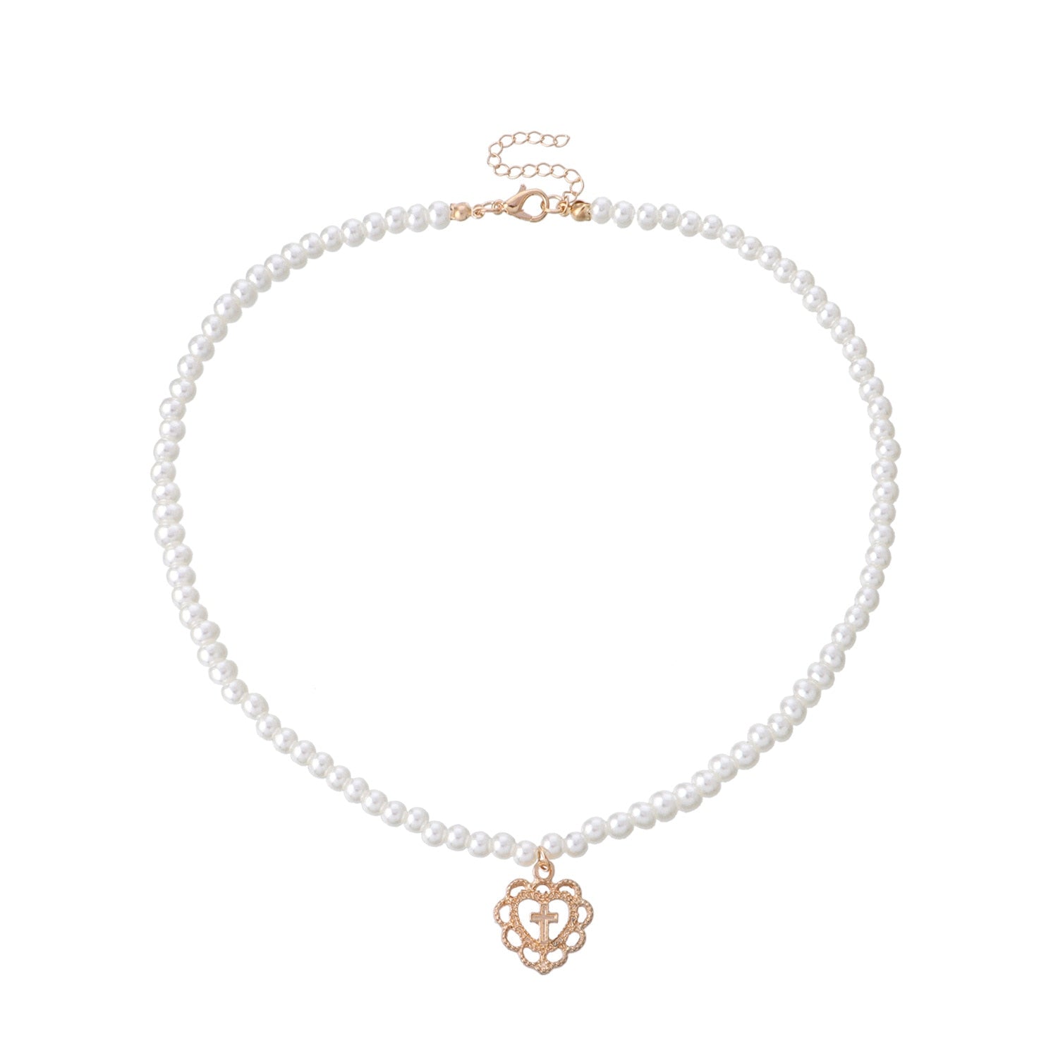 Retro Girl Hollow Love Cross Pendant Pearl Necklace