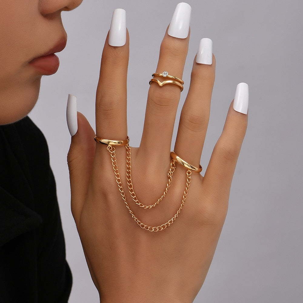 Simple Link Connected Gold plated Wide Finger Ring Bracelet