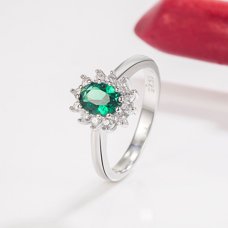 HuiSept 925 Silver Oval Emerald Ruby Zircon Gemstones Ornaments Finger Ring