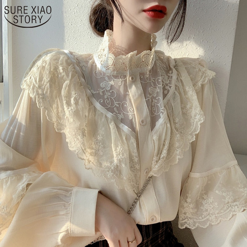 Lace Up Ruffled Women Blouse