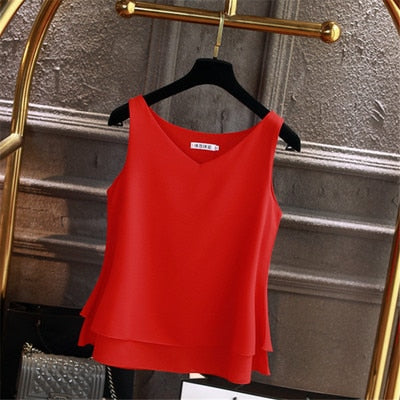 Summer Sleeveless Chiffon Shirt Solid V-neck Casual Blouse