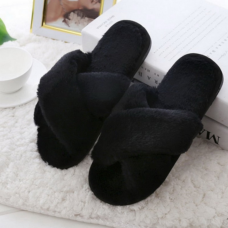 Furry Slippers Soft Plush Cross Faux Fur Shoes