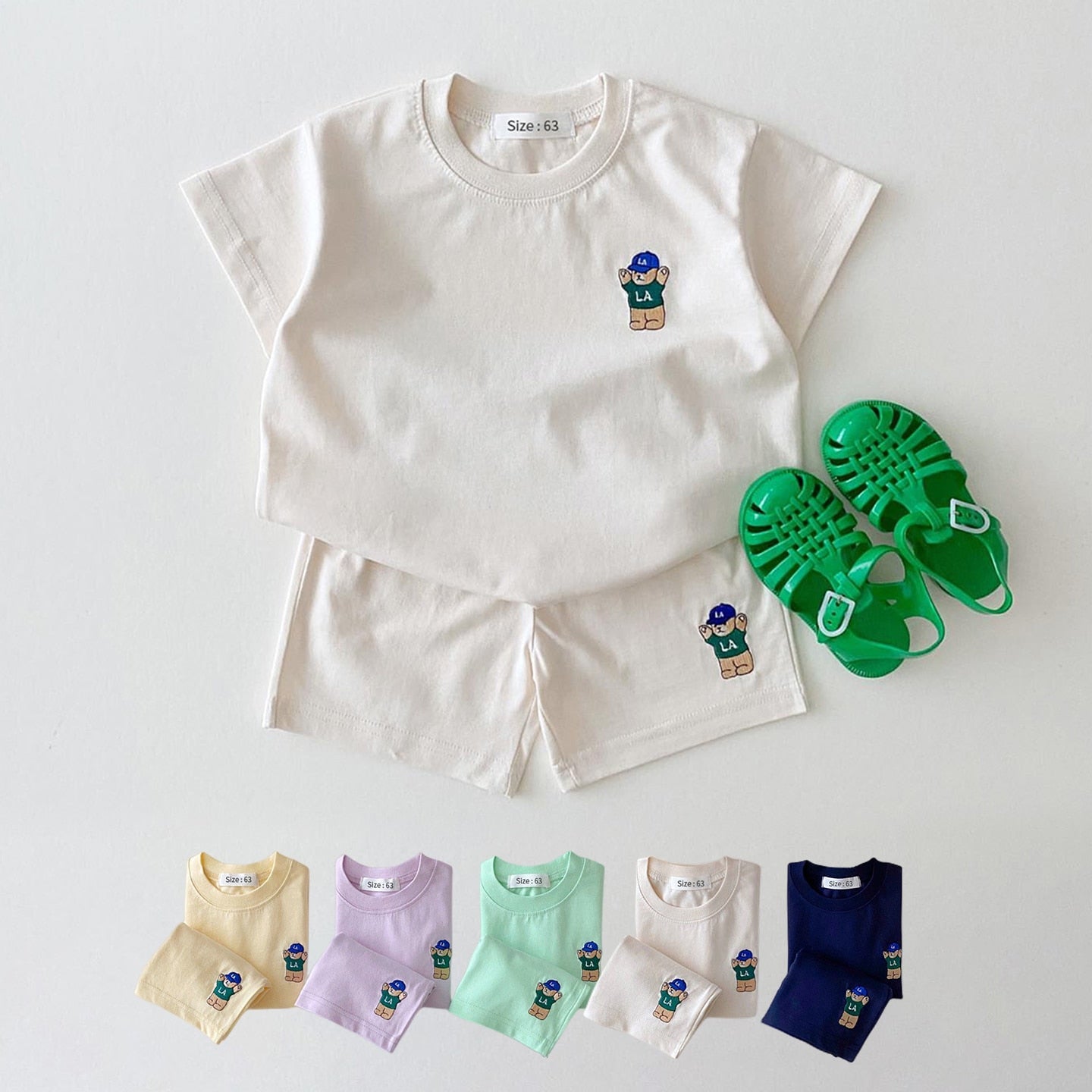 Korean Baby Boy Summer Clothes Set Embroidered Bear Colorful Tees T shirts+Loose Shorts Suit 2PCS Pack Baby Girls Clothing Sets