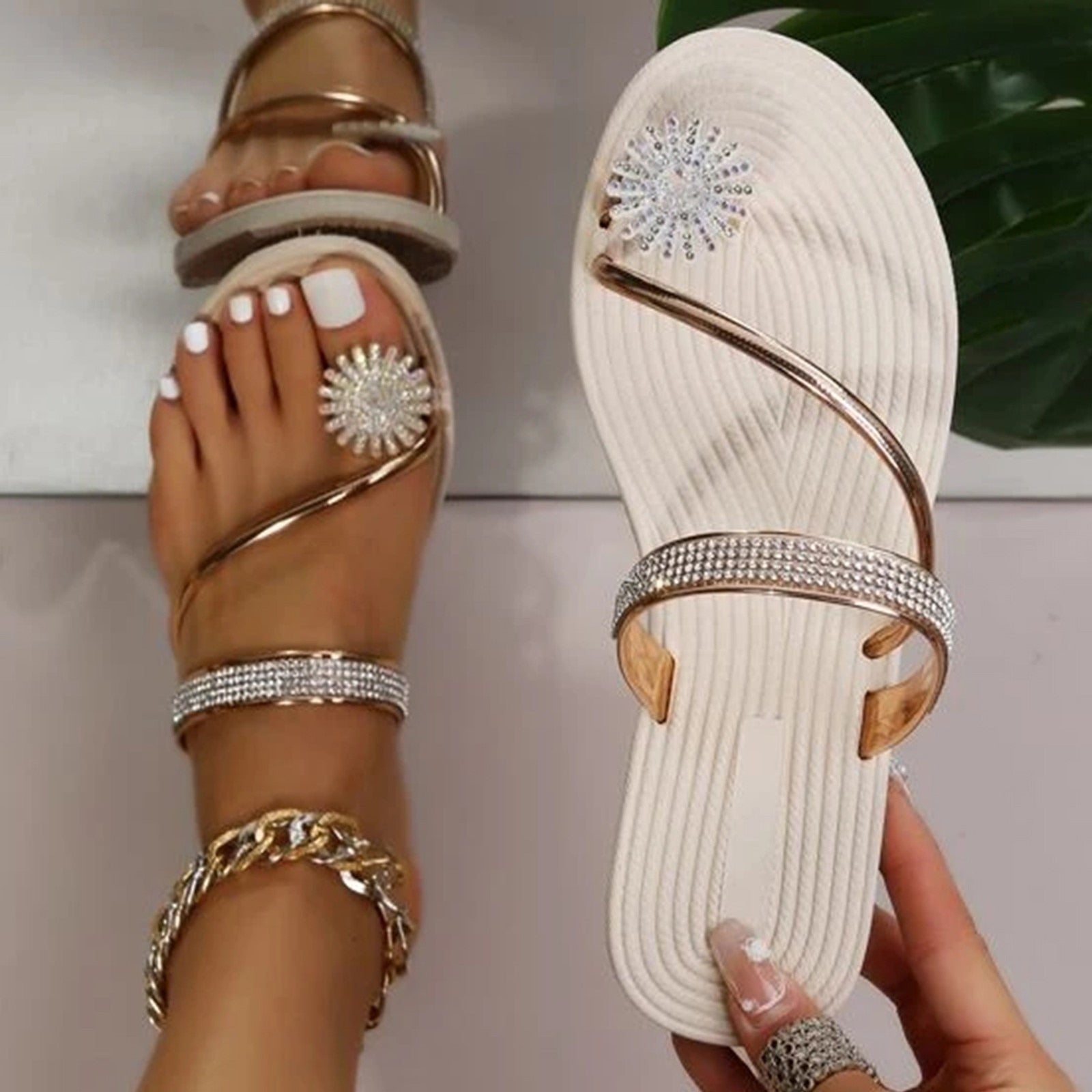 Pearl Set Toe Elastic Sandals Flat Strap Slippers
