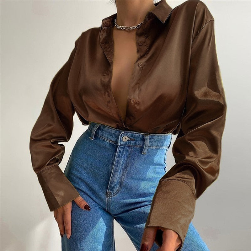 Vintage Elegant Satin Silk Shirt Long Sleeve Blouse