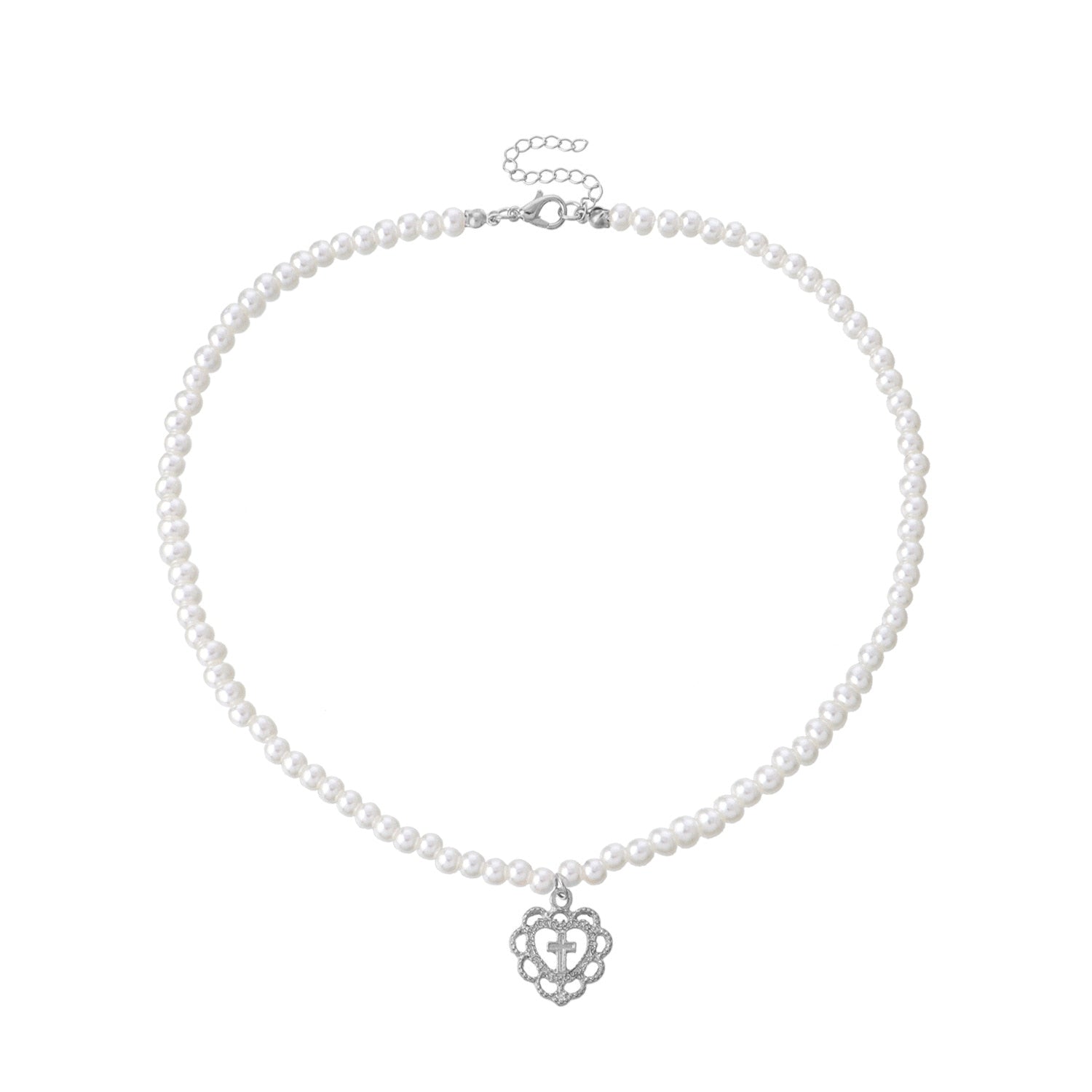 Retro Girl Hollow Love Cross Pendant Pearl Necklace