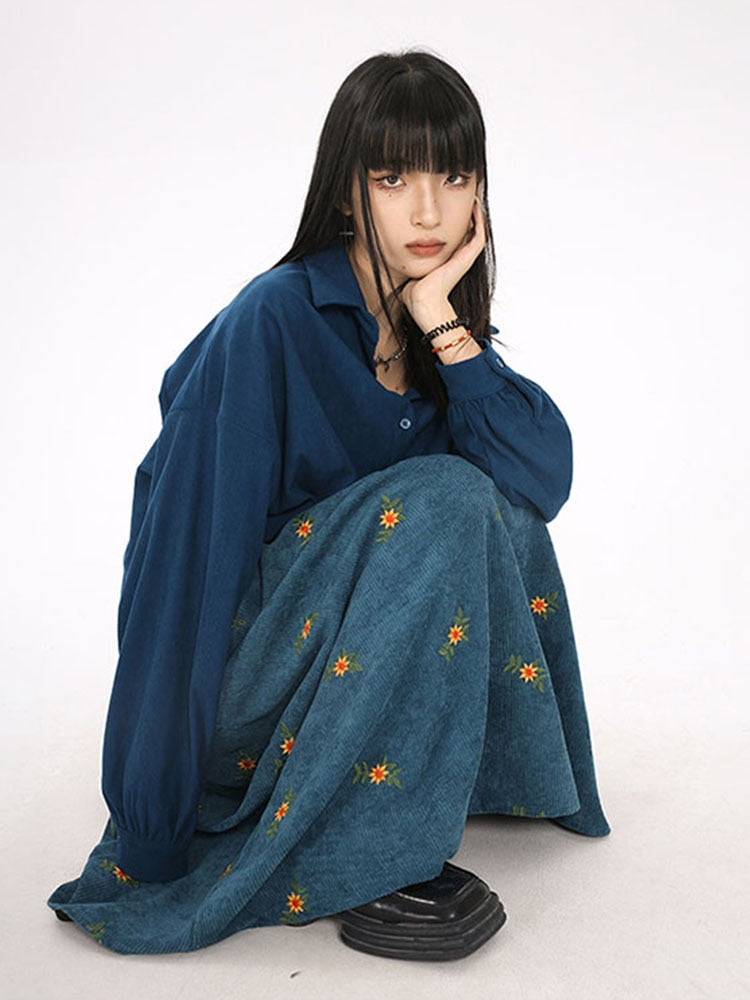 Korean Style High Waist Corduroy Embroidery Loose Floral A-line Long Skirt