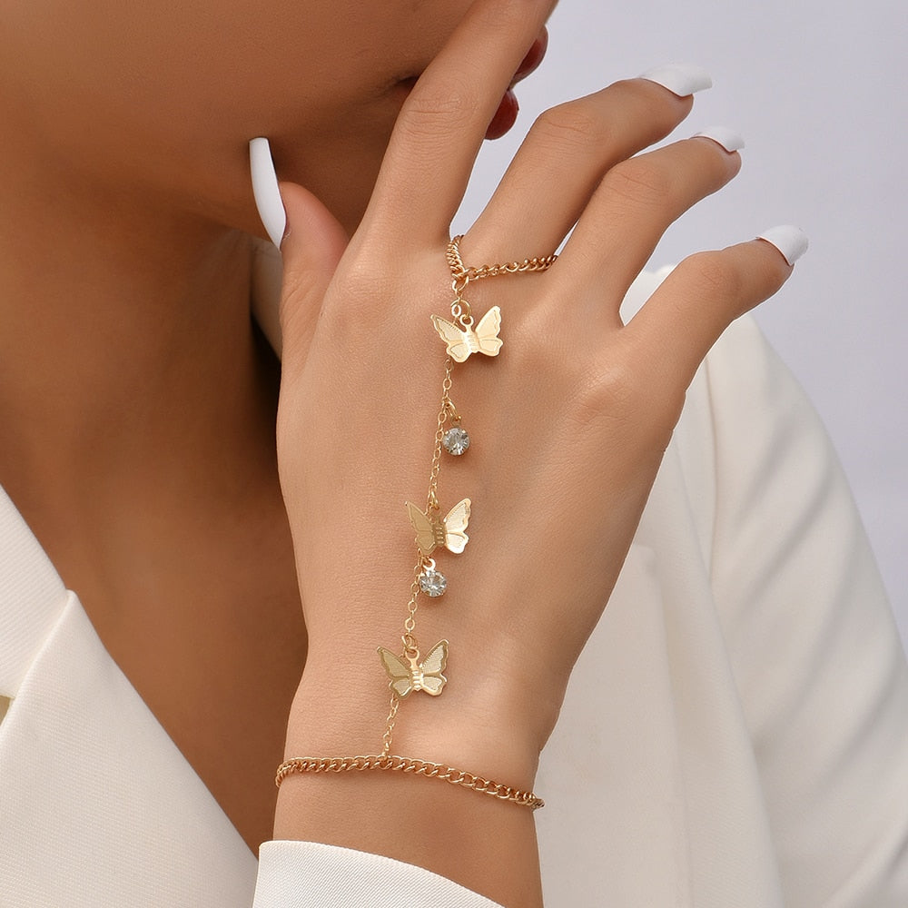 Simple Link Connected Gold plated Wide Finger Ring Bracelet