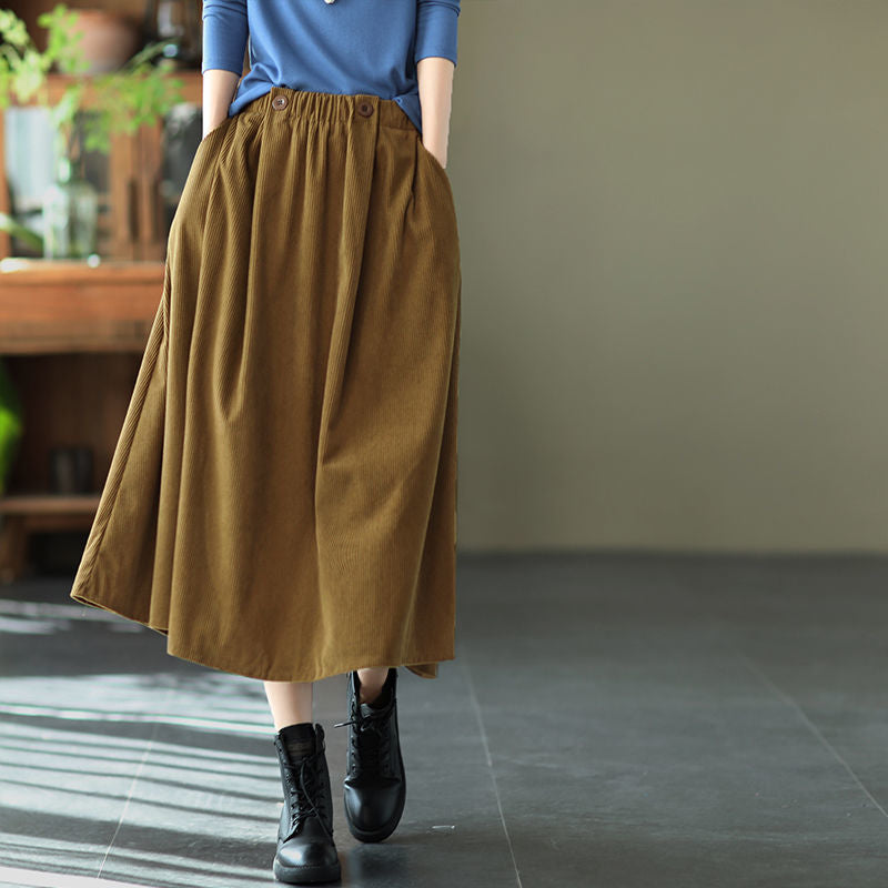Japanese Style Brown Retro Corduroy Skirt Elegant Woman