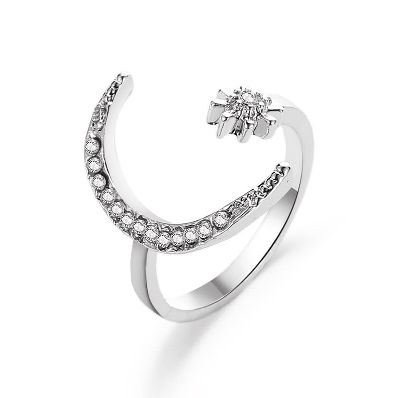 Zircon Moon Star Stainless Steel Adjustable Finger Ring