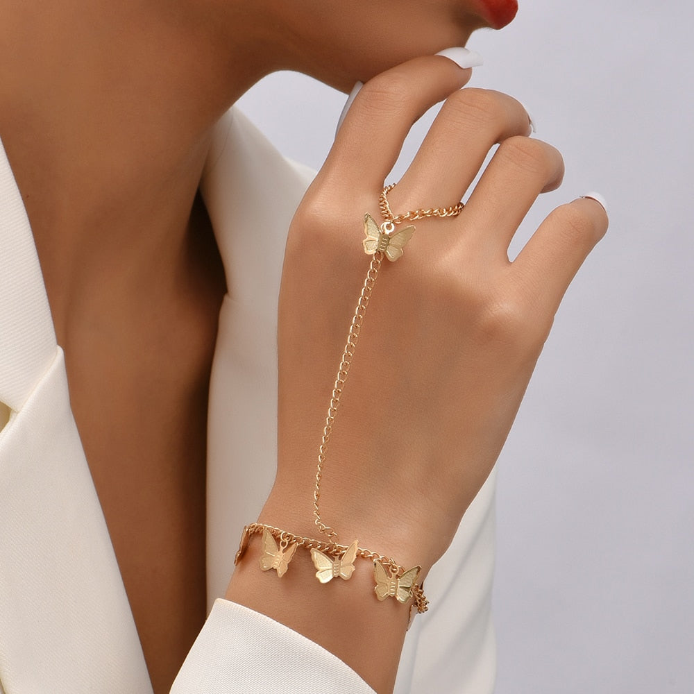 Simple Link Connected Gold plated Wide Finger Ring Bracelet