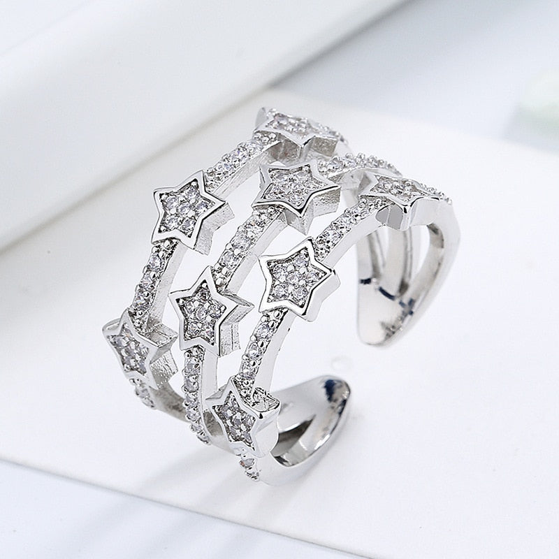 Zircon Moon Star Stainless Steel Adjustable Finger Ring