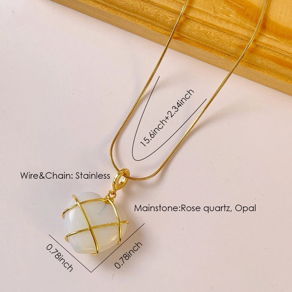 Heart Opal Powder Diamond Castle Necklace