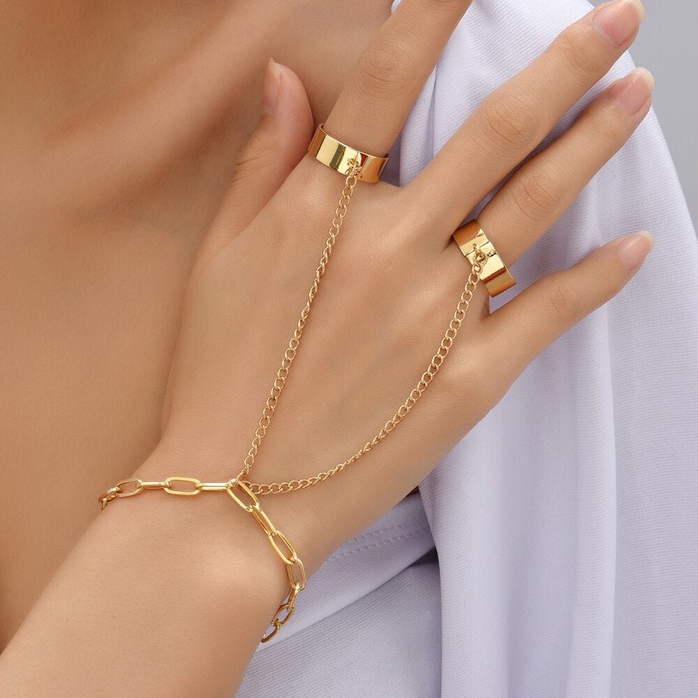 Simple Link Connected Gold plated Wide Finger Ring Bracelet