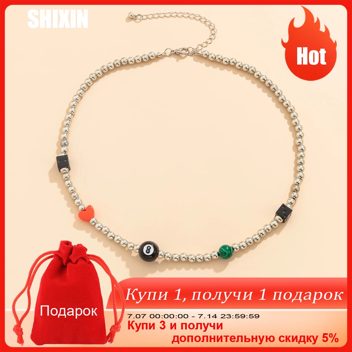 Lucky Number Eight DiceSmall Beads Chain Choker Necklace