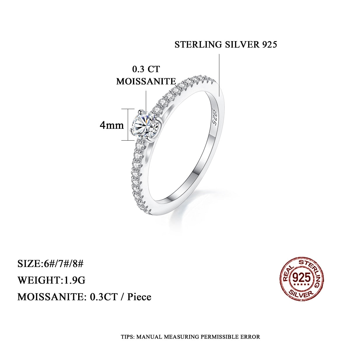 Real 925 Sterling Silver Small Sparkling Round 0.3CT Moissnaite Ring