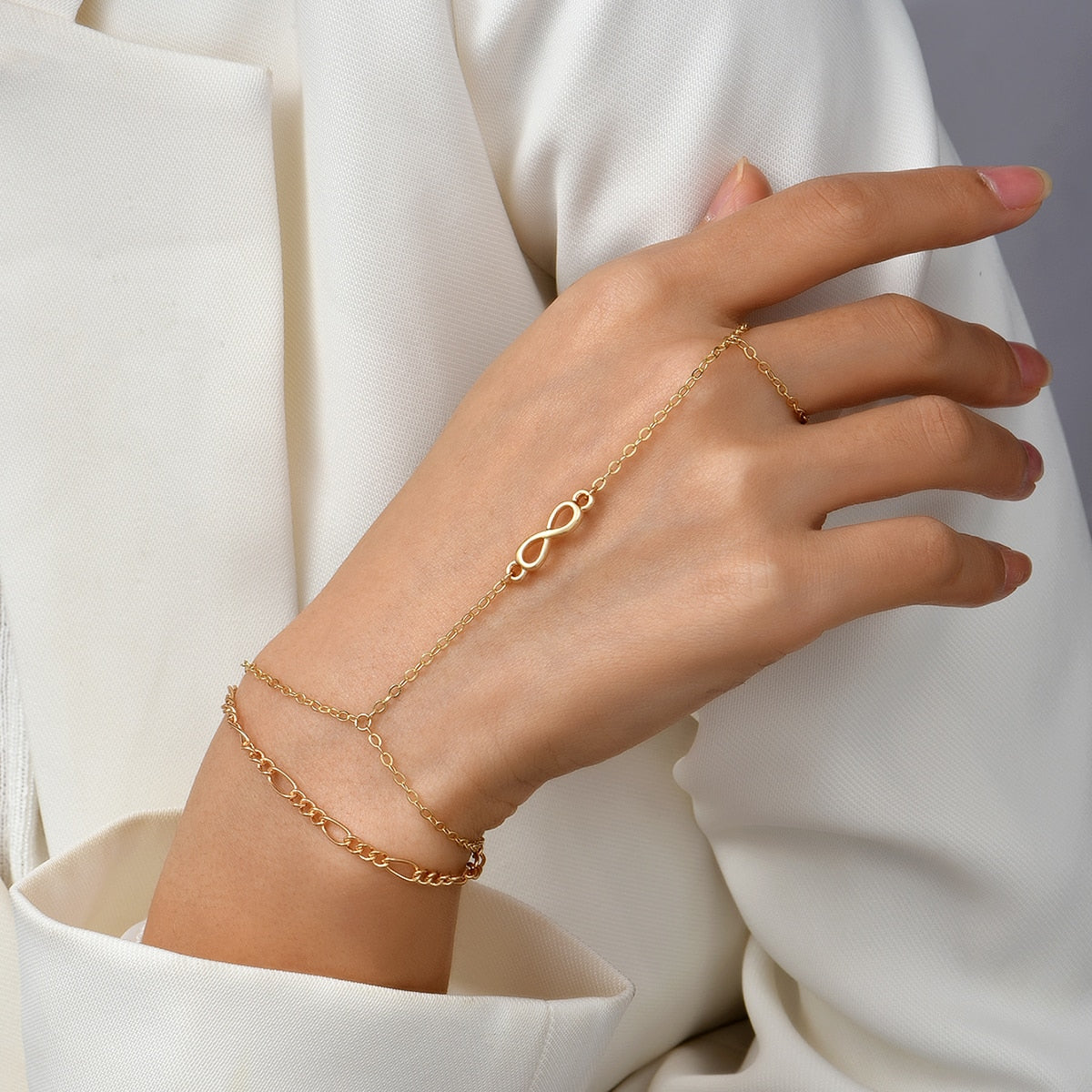 Simple Link Connected Gold plated Wide Finger Ring Bracelet