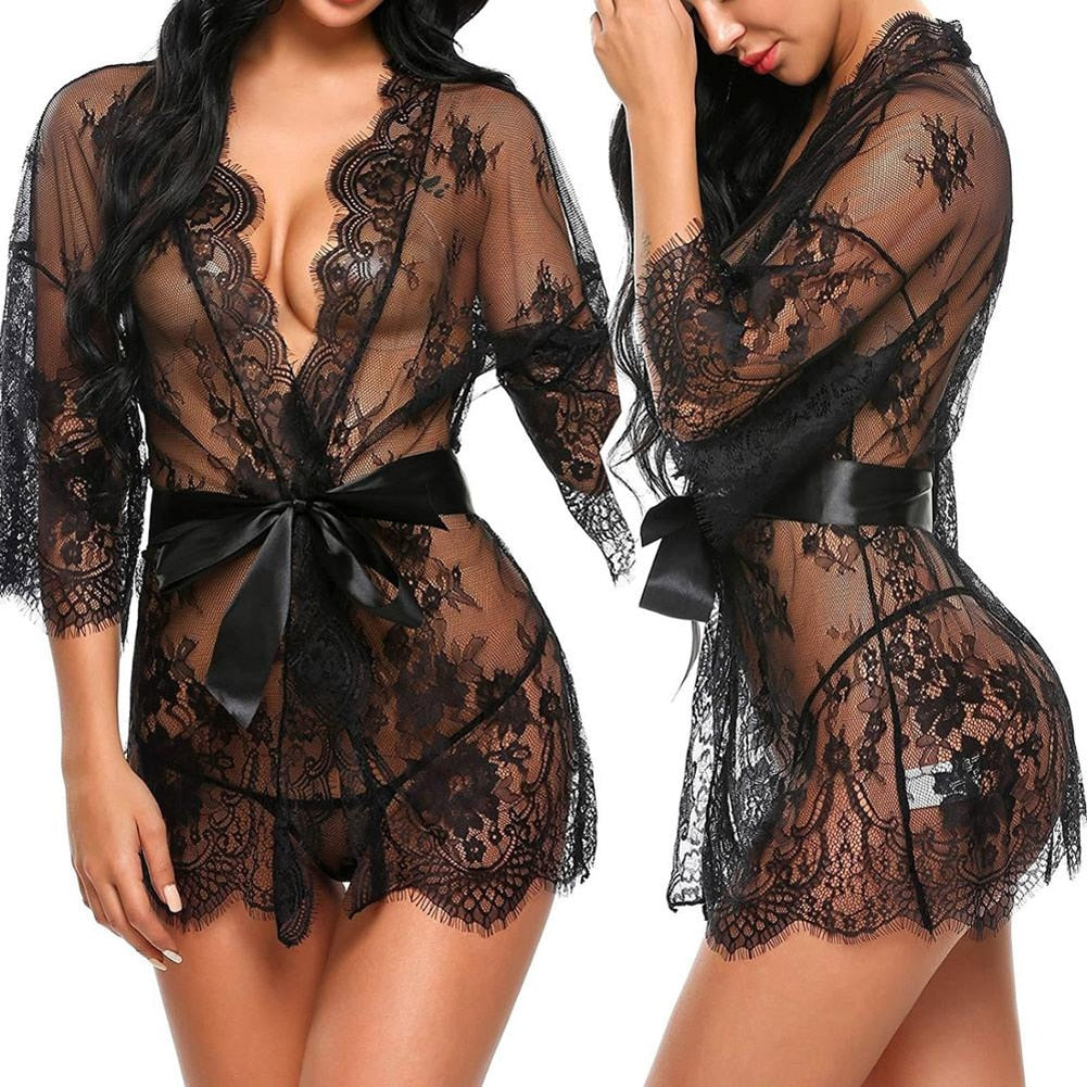 Sexy Women Lingerie Lace Night Dress Sleepwear Nightgown Bandage Deep V G-String See Through Sexy Sheer Sleep Dress Robe