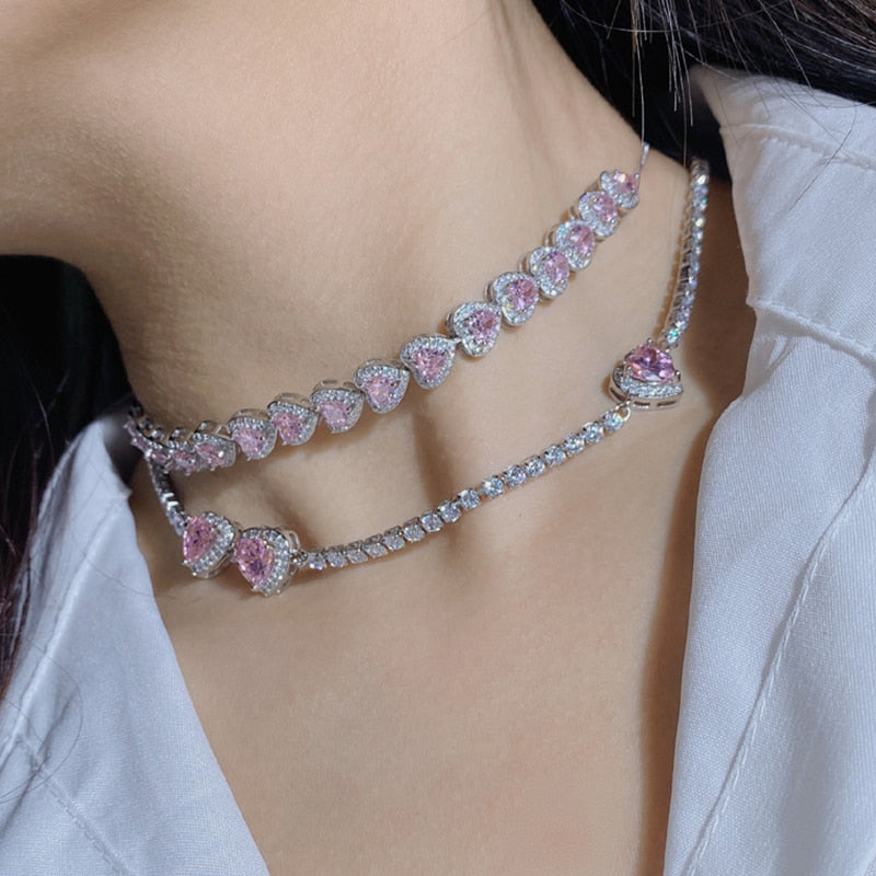 UILZ Sweet Pink Heart Zircon Choker Necklace