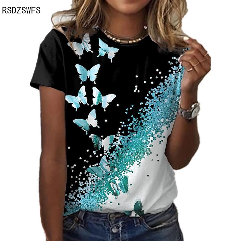 New Butterfly 3D Floral Print Round Neck Casual Lady T-shirt