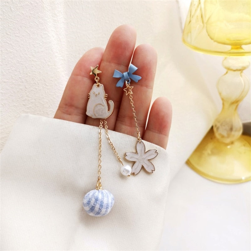 Animal Cat Cherry Blossoms Asymmetrical Earring Party Kitten Jewelry Gifts