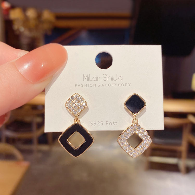 Long Statement Asymmetry Round Geometric Rectangle Black Crystal Earrings