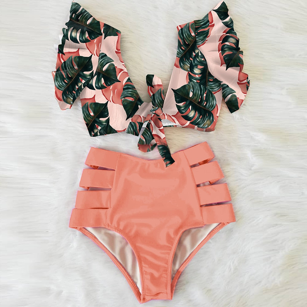 Floral Beachwear V-Neck High Waist Ruffled Sexy Bikini Set