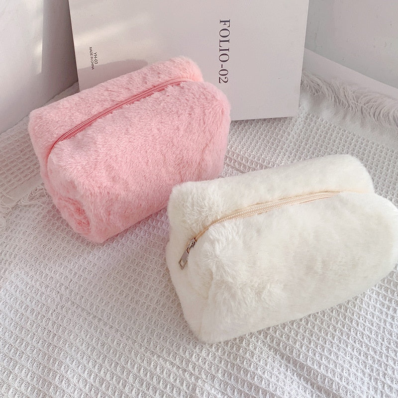PURDORED 1 Pc Solid Color Fur Makeup Bag Organizer Case