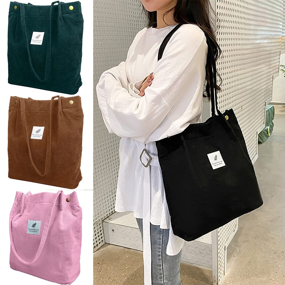 Women Corduroy Shoulder Shopping Bag with Button Eco Organizer