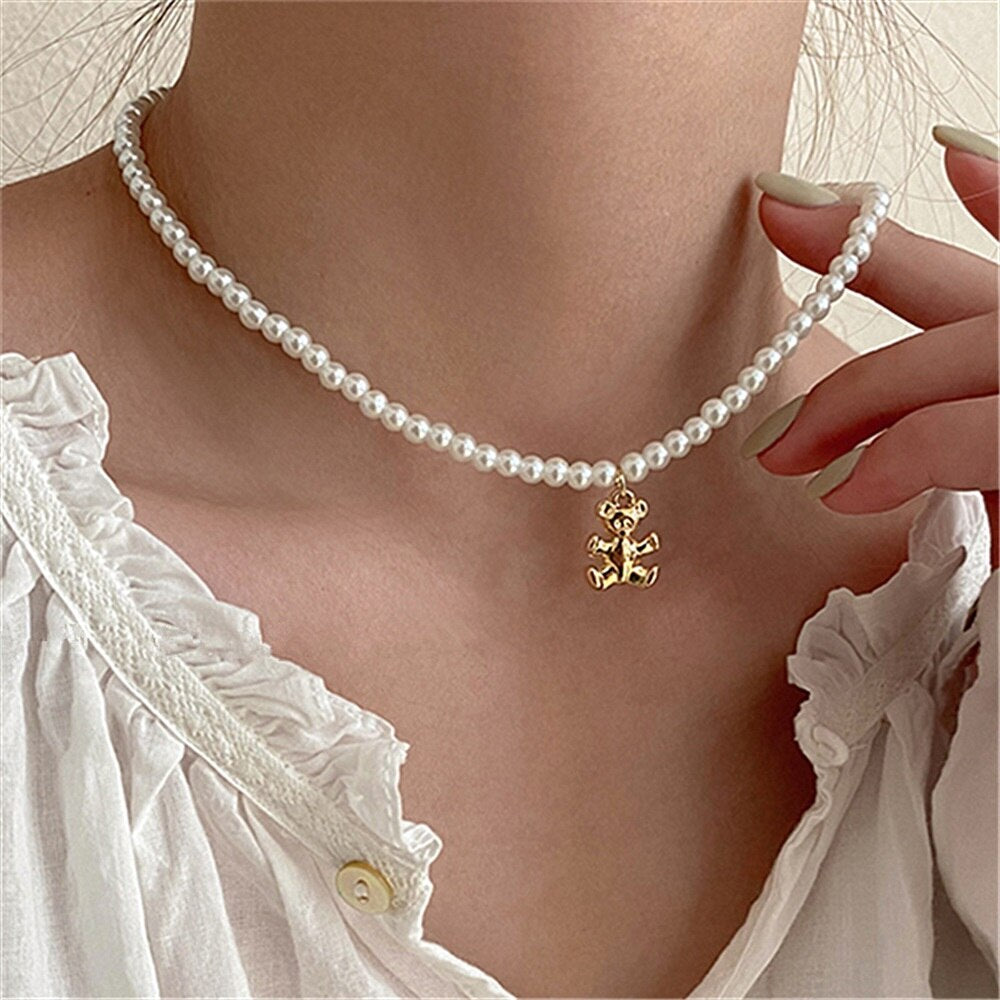 IFMIA Korean Fashion Pearl Chain Heart Choker Necklace