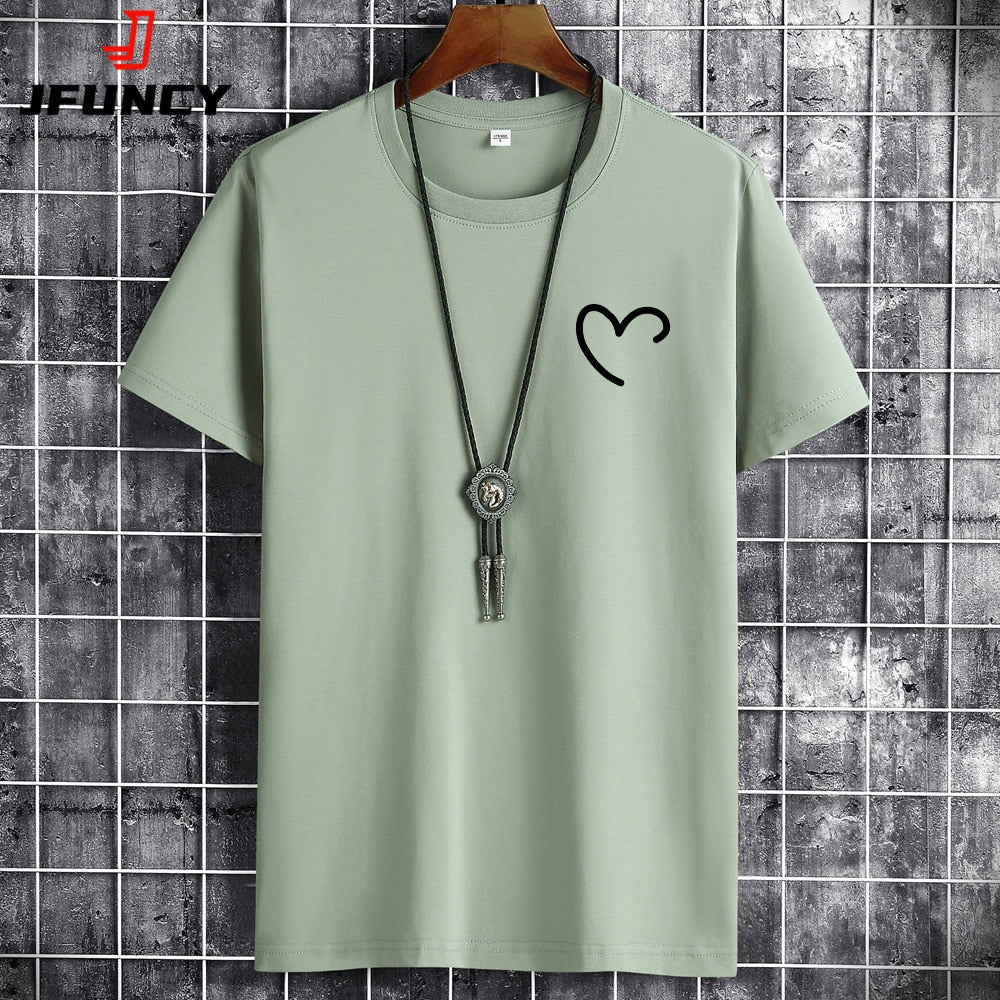 JFUNCY Oversize Summer Men's Cotton Tee Shirts Men Casual T-shirt Simple Love Heart Print Tshirt O-Neck Short Sleeve Man Tops