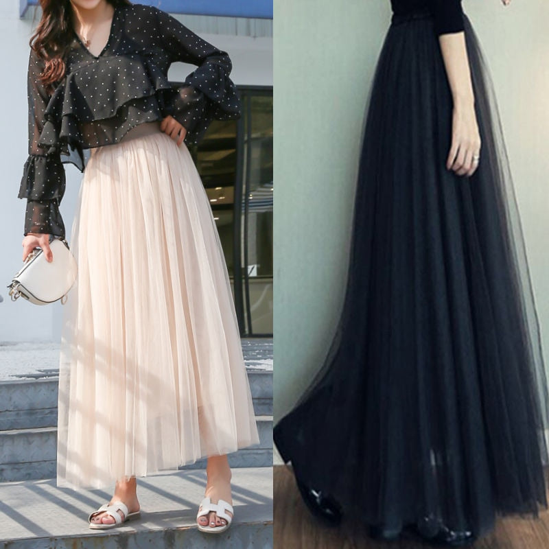 3 layers High Waist Pleated Long Skirt