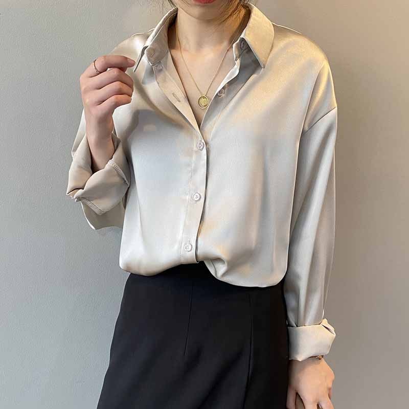Silk Korean Elegant Button Up Satin Shirt Blouse