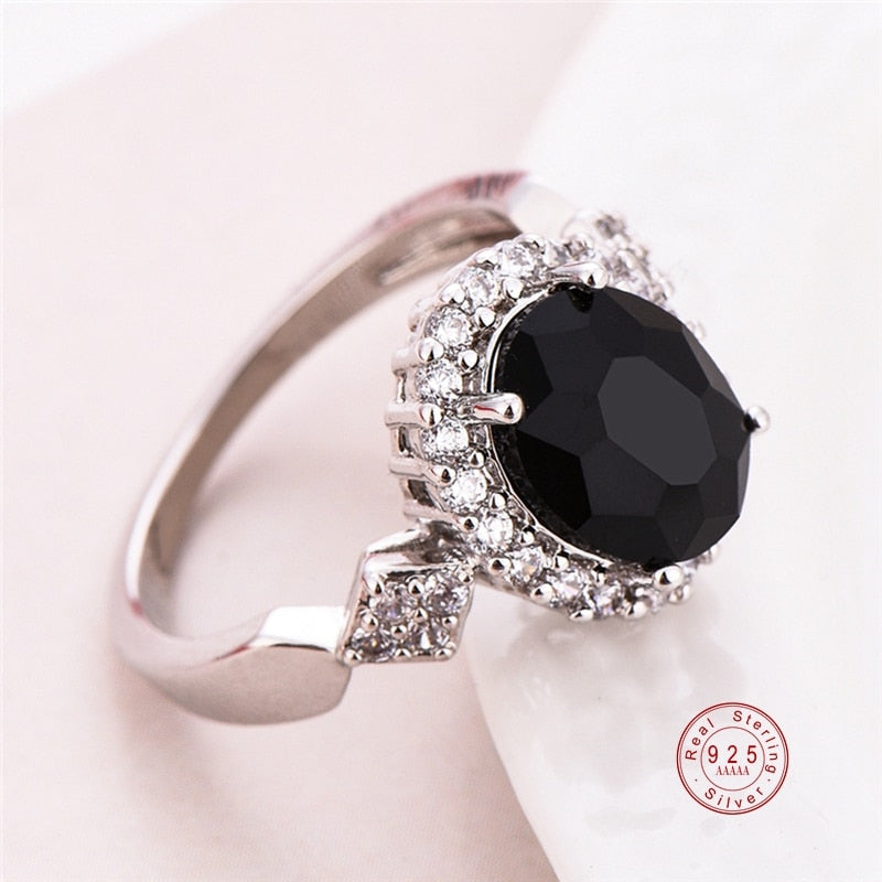 Sterling Silver Stackable Ring Round Black CZ Crystal Finger Ring