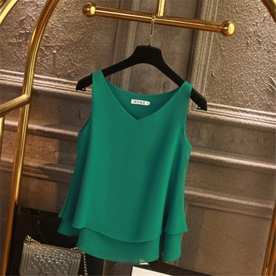 Summer Sleeveless Chiffon Shirt Solid V-neck Casual Blouse