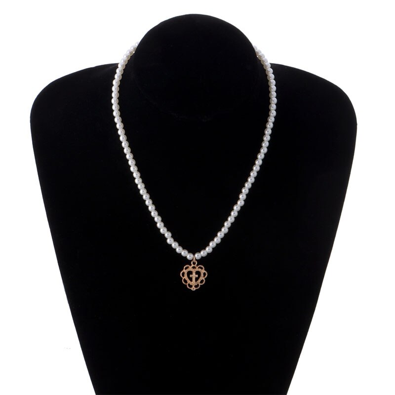 Retro Girl Hollow Love Cross Pendant Pearl Necklace