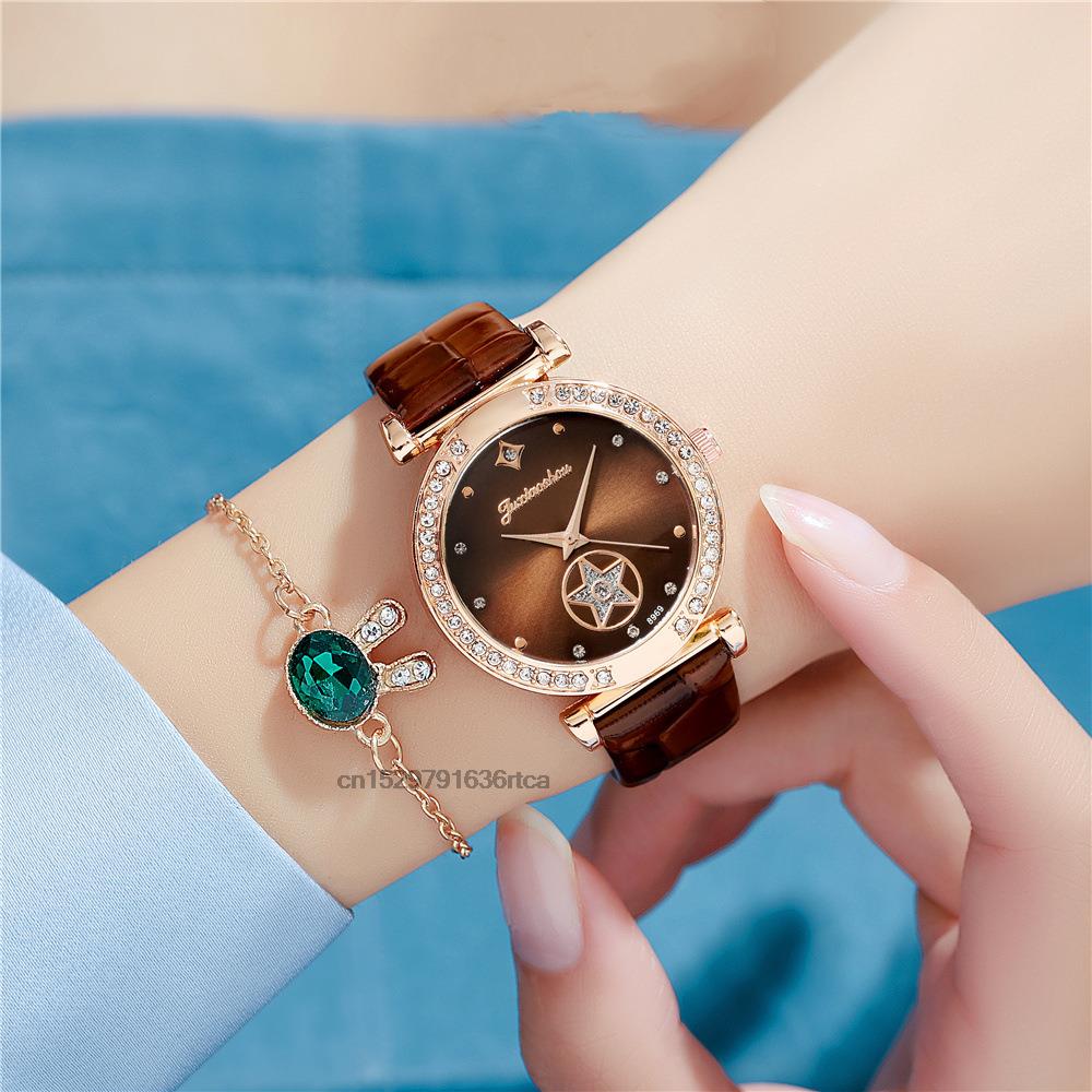 Luxury Diamond Studded Quartz Leather Watch
