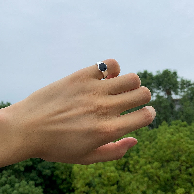 Simple Retro Hexagonal Black Glossy Adjustable Metal Ring