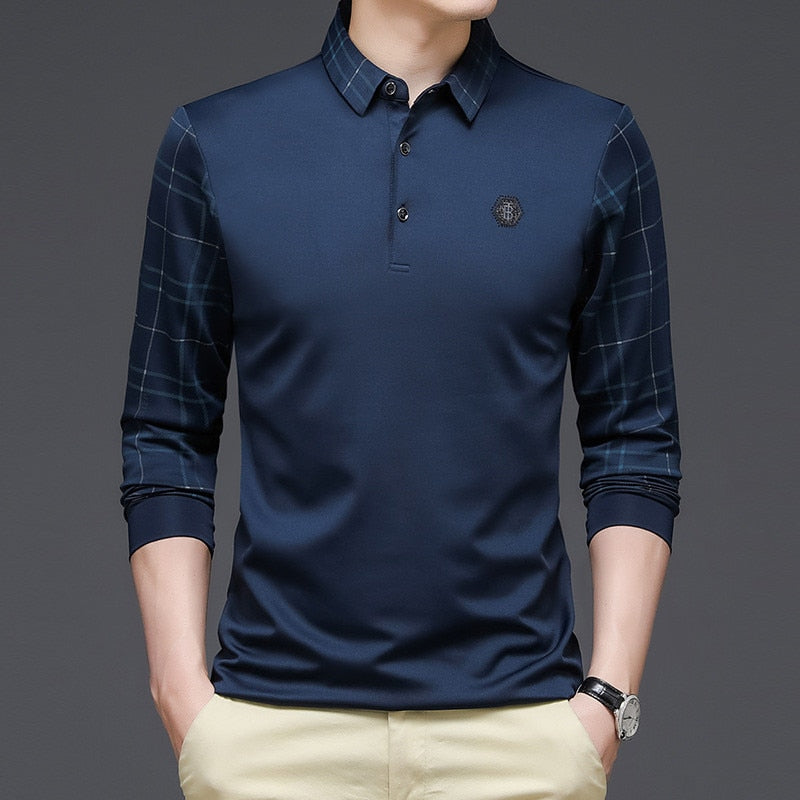 Ymwmhu Solid Polo Long Sleeve Casual Fit Slim Man Shirt
