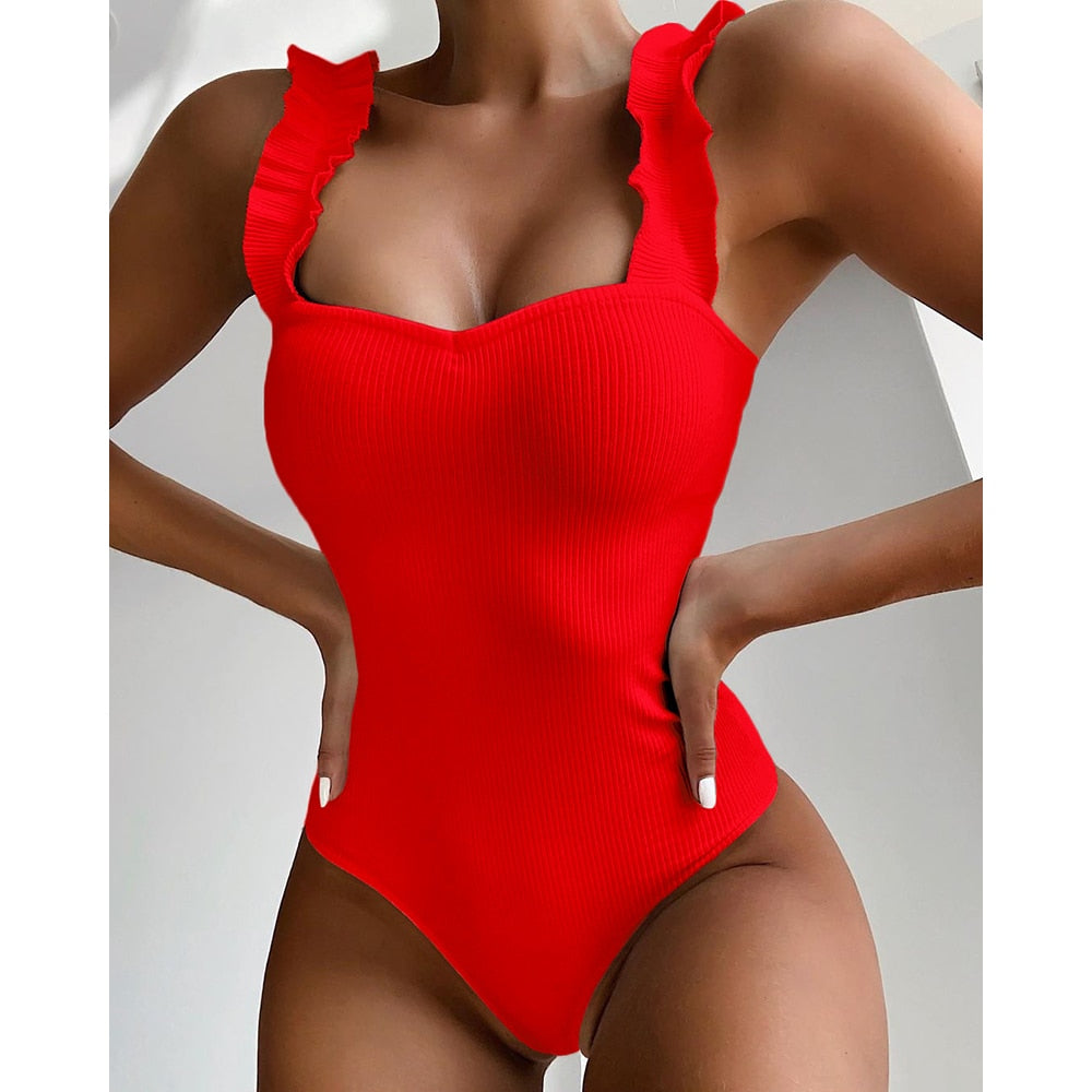 Vintage One Piece Ruffled Push Up Solid Red Swimwear - Jeglowstore