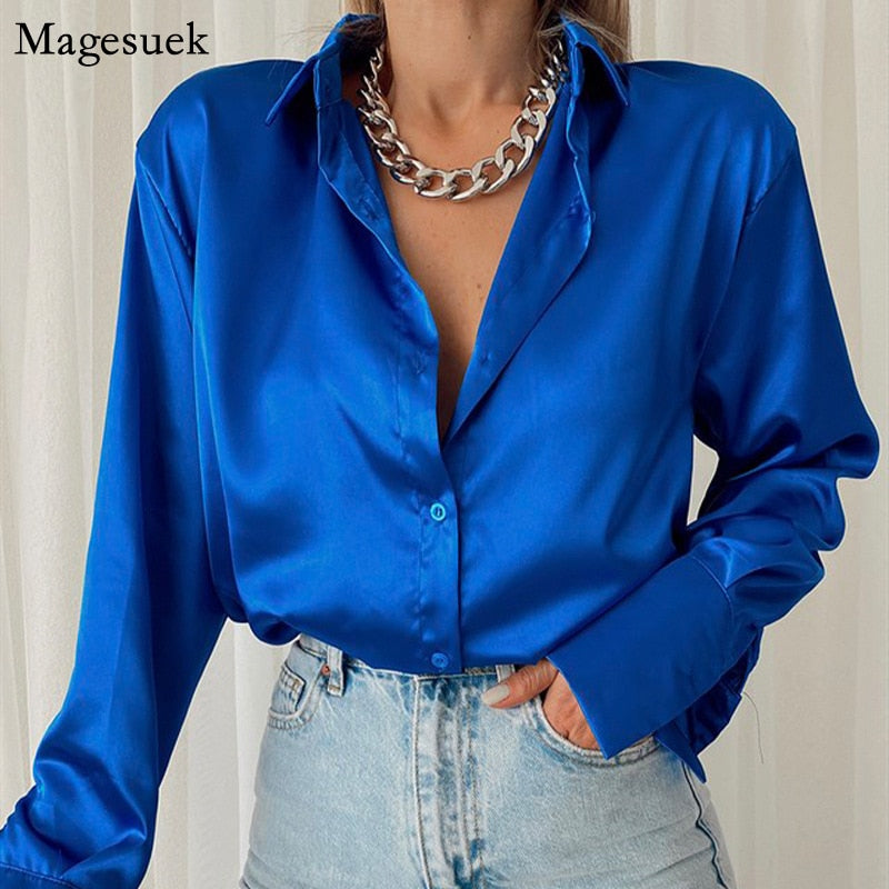 Vintage Elegant Satin Silk Shirt Long Sleeve Blouse
