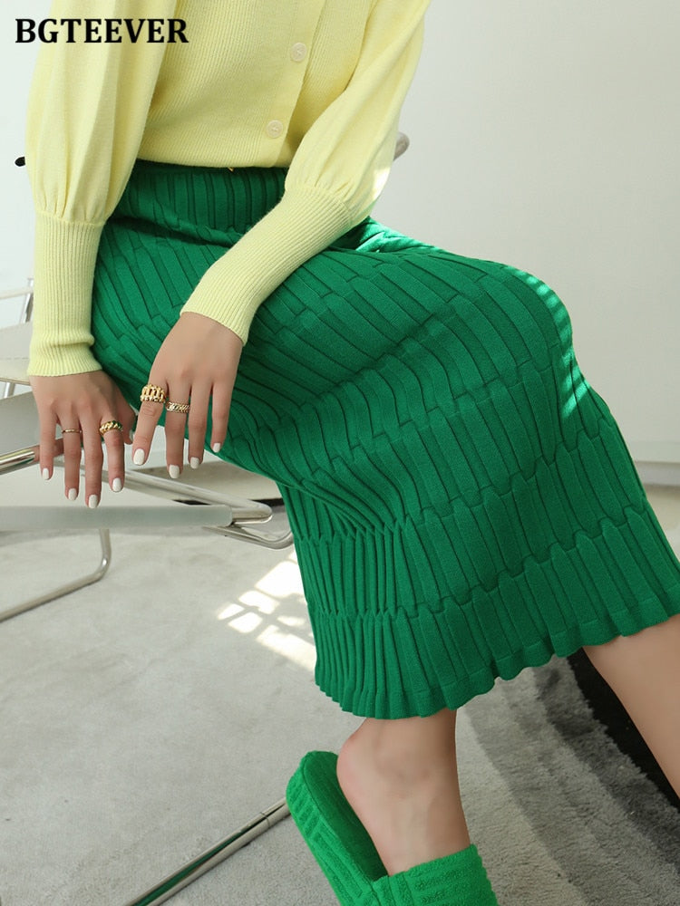 BGTEEVER Elegant High Waist Slim Fit Zipper Mid-Calf Wrapped Knitted Skirt