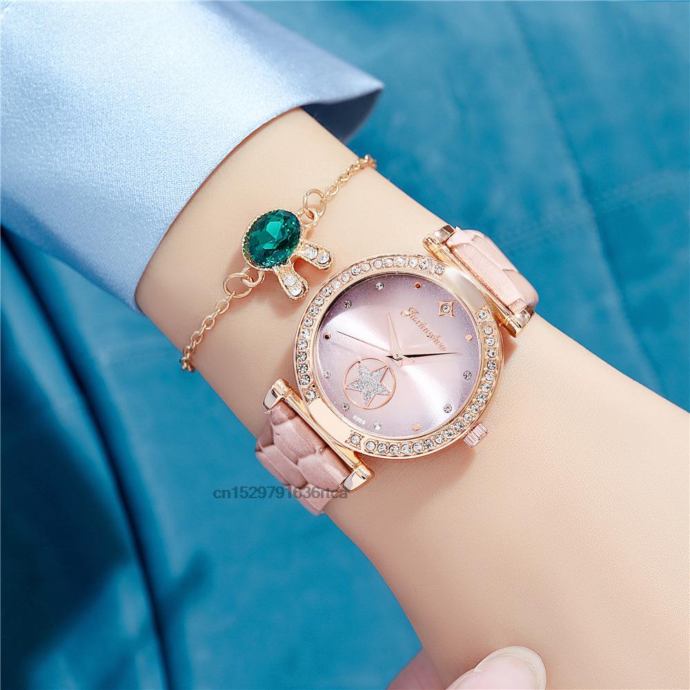 Luxury Diamond Studded Quartz Leather Watch
