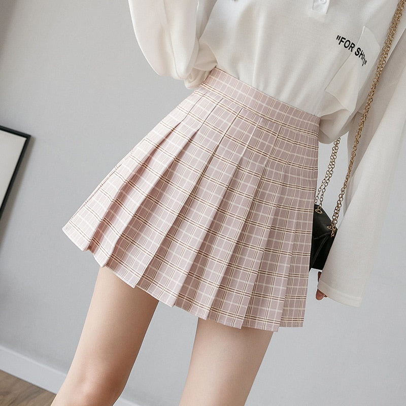 High Waist A-line Student Plaid Pleated Skirt