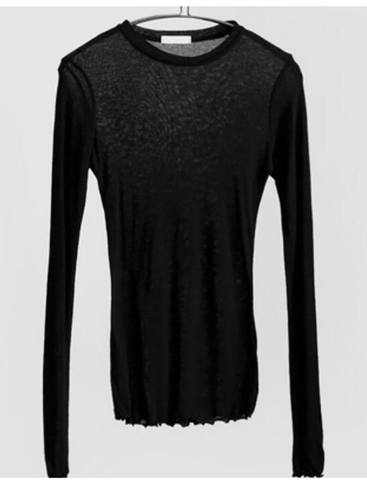 Slim High Quality Long Sleeve Sexy Thin T-shirt see through