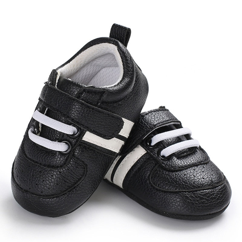 Baby Shoes Newborn Boys Sneaker Girls Two Striped First Walkers Kids Toddlers Lace Up PU Leather Soft Soles Sneakers 0-18 Months - Jeglowstore