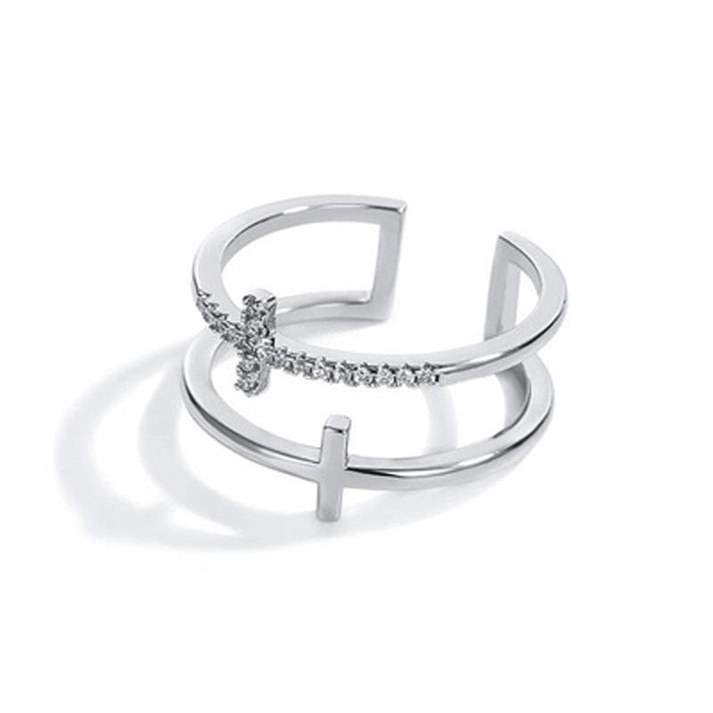 Silver Color Double Cross Flashing Zircon Open Ring